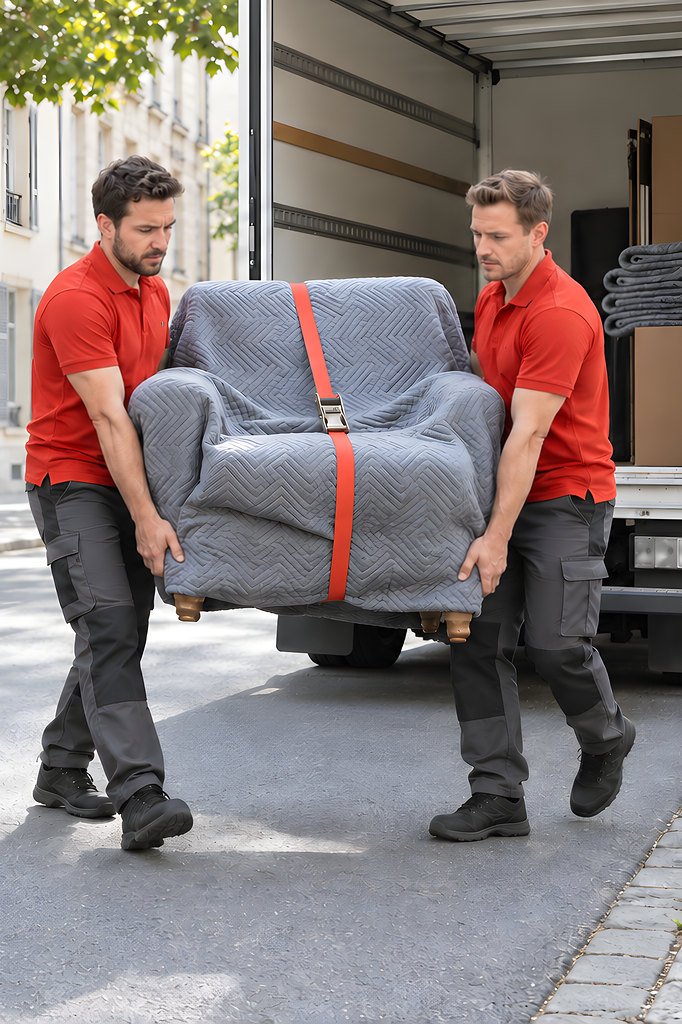 Deux déménageurs en polo rouge portent un fauteuil enveloppé d’une couverture grise et sanglé de rouge, devant le hayon ouvert du camion.