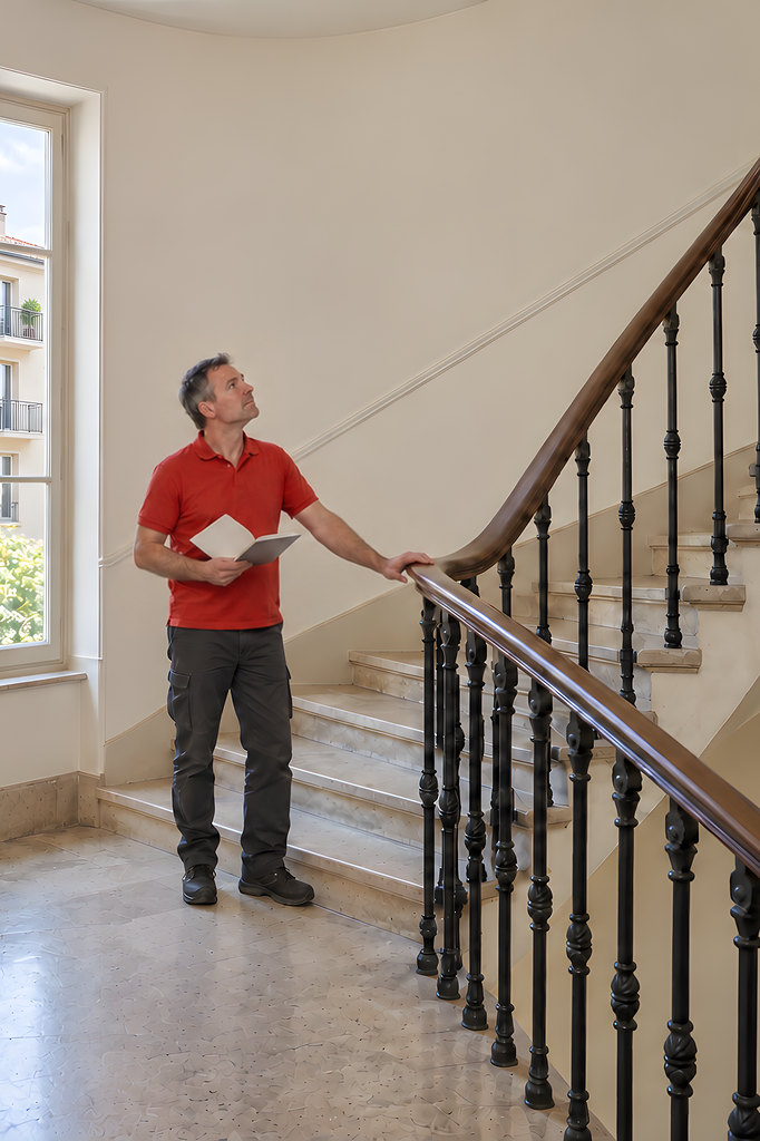 Un déménageur en polo rouge, carnet en main, lève les yeux vers la cage d’escalier d’un immeuble ancien, l’autre main posée sur la rampe.