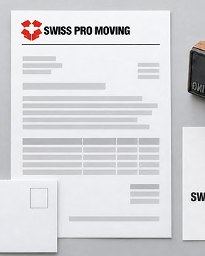 Une lettre à en-tête Swiss Pro Moving et un tampon encreur de la marque.