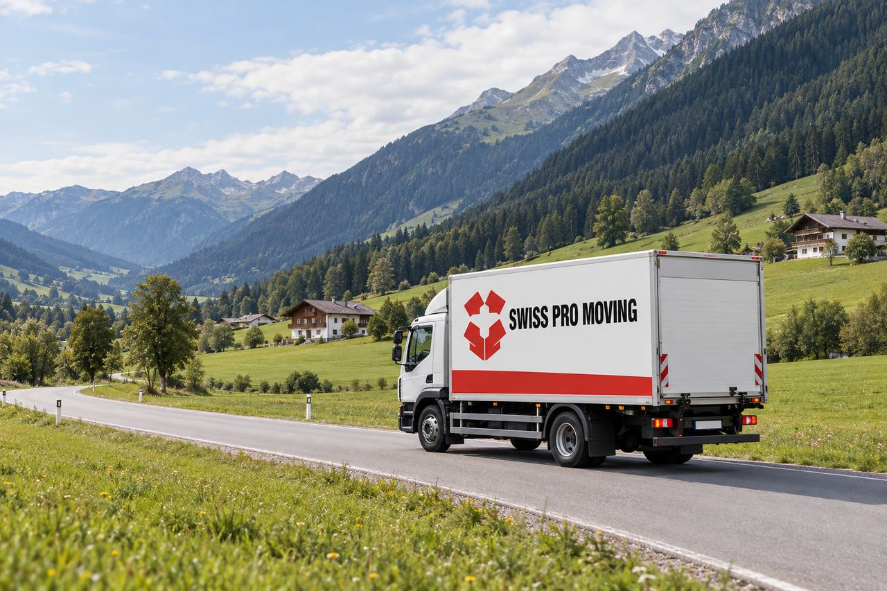 Ein weißer Lkw von Swiss Pro Moving mit rotem Streifen am Kofferaufbau fährt durch ein grünes Alpental, vorbei an Wiesen, Bauernhäusern mit Holzbalkonen und steilen Bergwäldern.