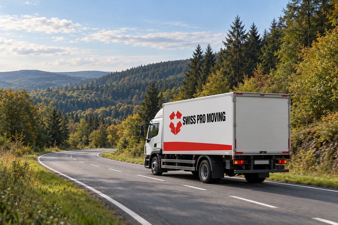 Un camion blanc Swiss Pro Moving, bande rouge sur la caisse, suit une route en lacets à travers une forêt de feuillus et de sapins, sur des collines boisées.