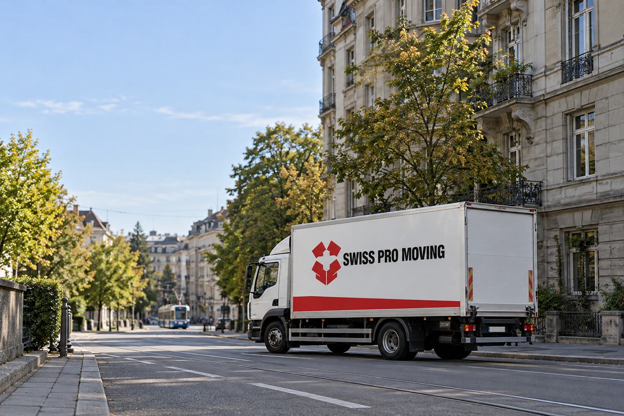 Ein weisser Lastwagen von Swiss Pro Moving mit rotem Streifen am Kofferaufbau fährt durch eine Strasse mit Steinfassaden und Bäumen, im Hintergrund ein blaues Tram.