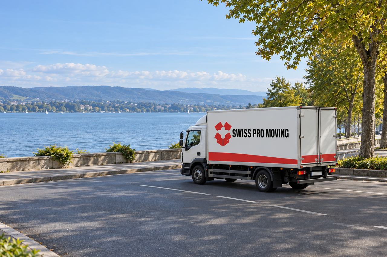 A white Swiss Pro Moving truck with a red stripe along its box drives along a tree-lined lakeside road, with the lake and the hills of the far shore behind it.