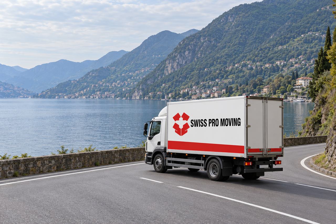 Un camion bianco Swiss Pro Moving, con una fascia rossa sul cassone, percorre la strada lungo un lago, tra montagne boscose e villaggi in pietra sull’altra riva.