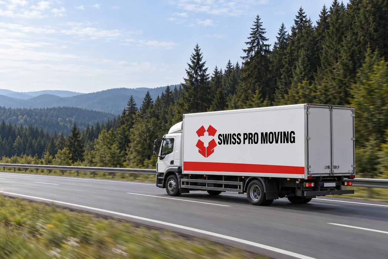 Ein weißer Lkw von Swiss Pro Moving mit rotem Streifen am Kofferaufbau fährt auf einer Autobahn an einem dunklen Nadelwald entlang, dahinter bewaldete Hügel.