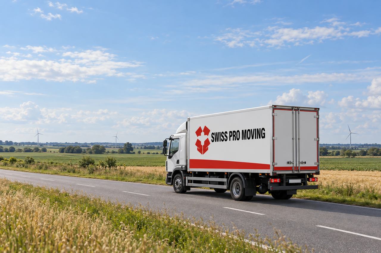 En hvid flyttebil fra Swiss Pro Moving med en rød stribe på kassen kører ad en landevej mellem grønne og gyldne marker med vindmøller i det fjerne.