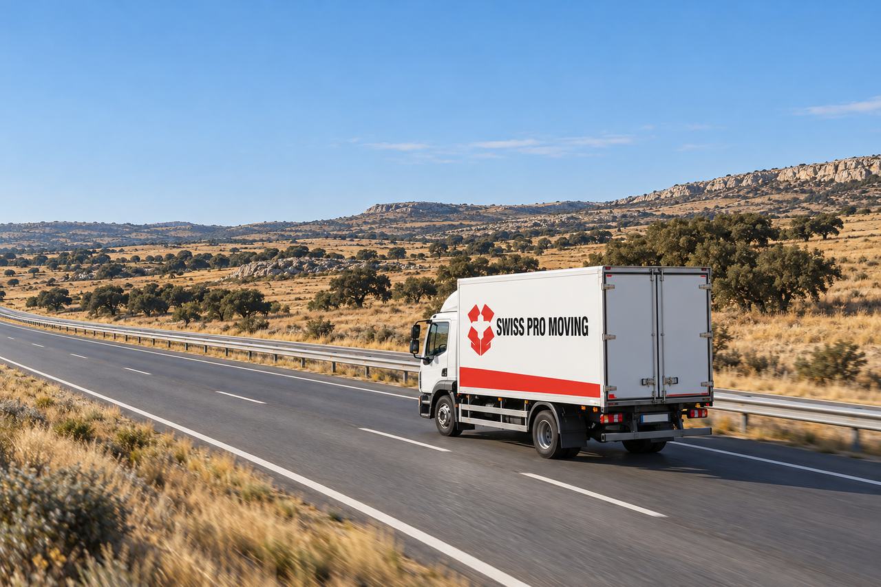 Un camión blanco de Swiss Pro Moving, con una franja roja en la caja, circula por una autovía que cruza una sierra de hierba seca y encinas, con la luz de primera hora de la mañana.