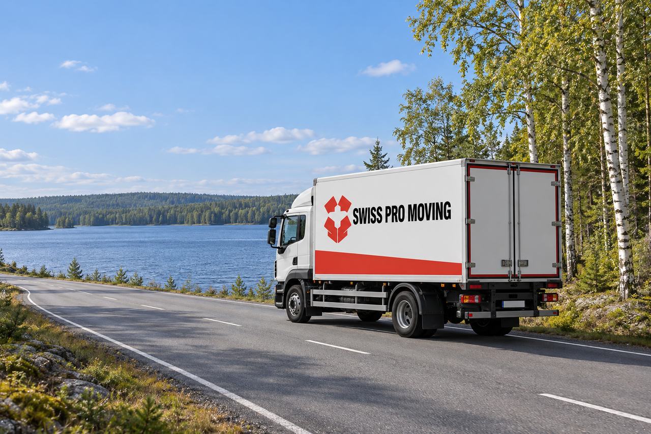 Valkoinen Swiss Pro Moving -muuttoauto, jonka kontissa on punainen raita, ajaa järven rantatietä koivujen keskellä; vastarannalla on metsää.
