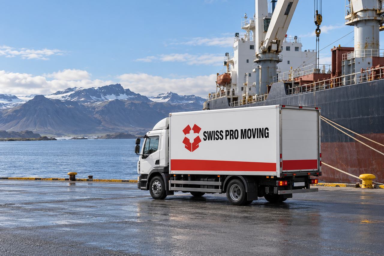 Hvítur flutningabíll frá Swiss Pro Moving með rauðri rönd á kassanum stendur á hafnarbakka við stórt flutningaskip, með dökk fjöll í fjarska.