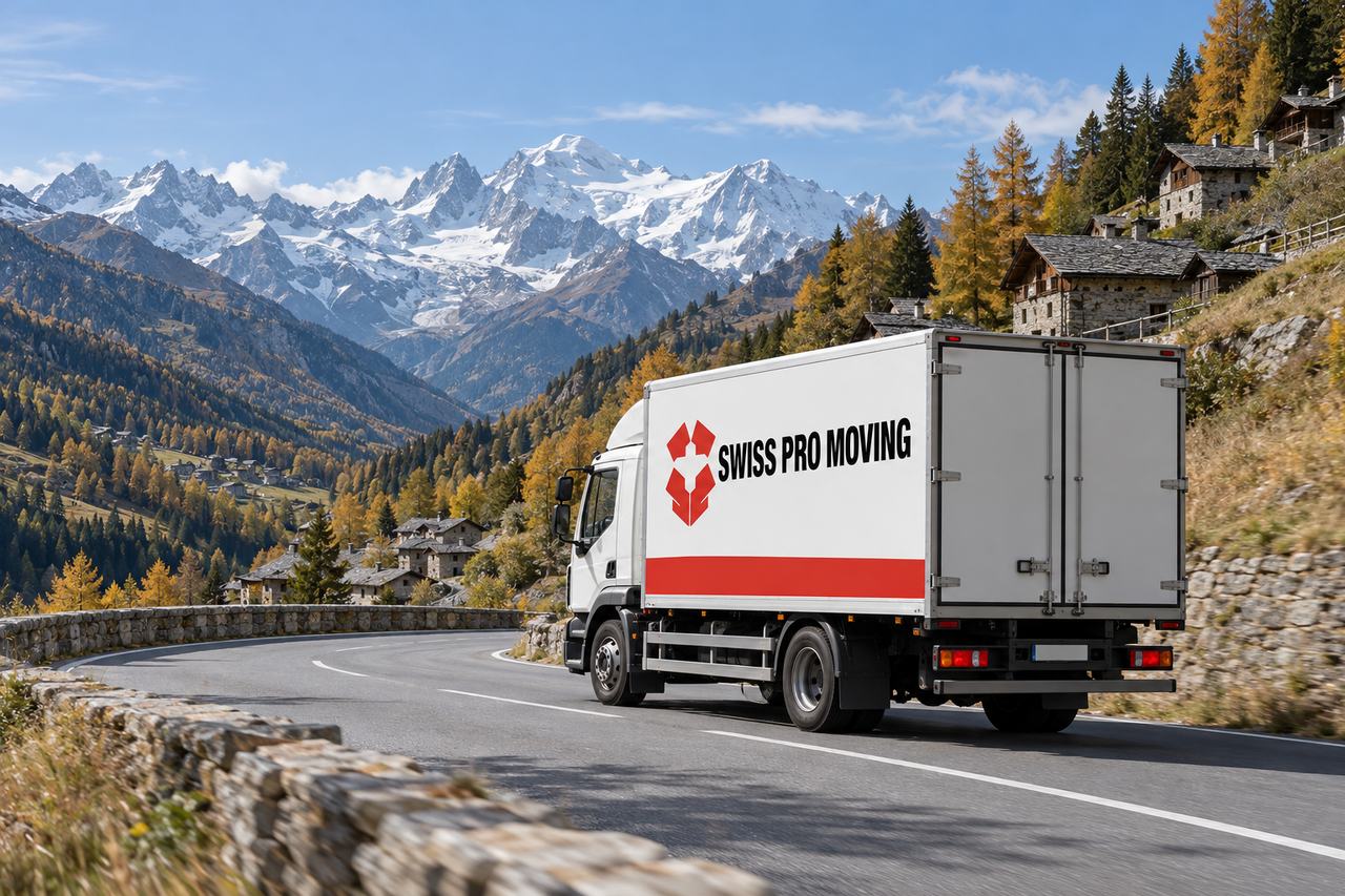 Un camion bianco Swiss Pro Moving, con una fascia rossa sul cassone, percorre una strada di montagna tra larici e villaggi dai tetti in pietra, con cime innevate sullo sfondo.