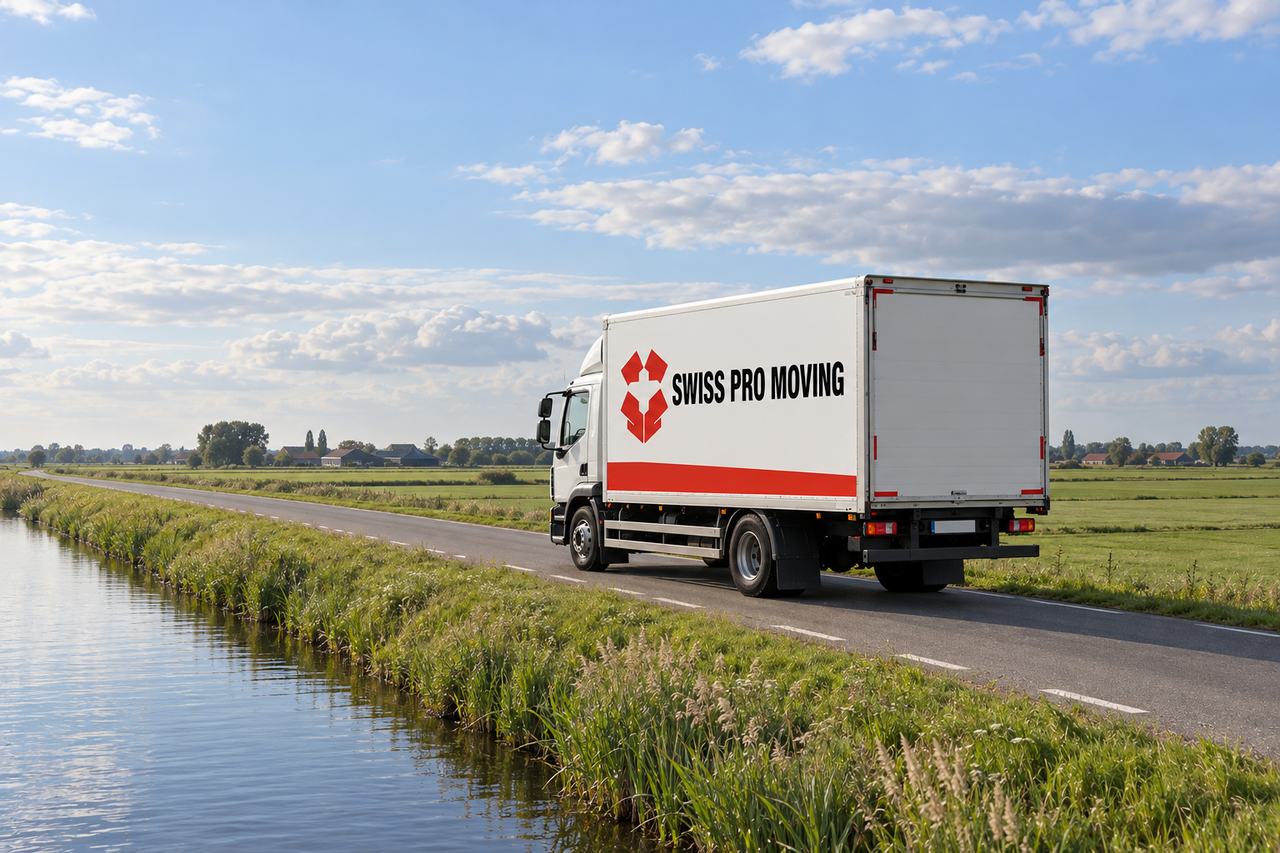 Een witte verhuiswagen van Swiss Pro Moving met een rode streep op de laadbak rijdt over een dijkweg langs een vaart, tussen vlakke polderweilanden met boerderijen aan de horizon.
