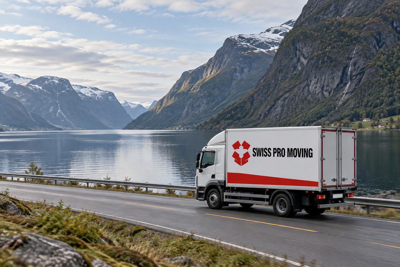 En hvit flyttebil fra Swiss Pro Moving med en rød stripe på skapet kjører langs en fjord, mellom bratte fjellsider og stille vann.