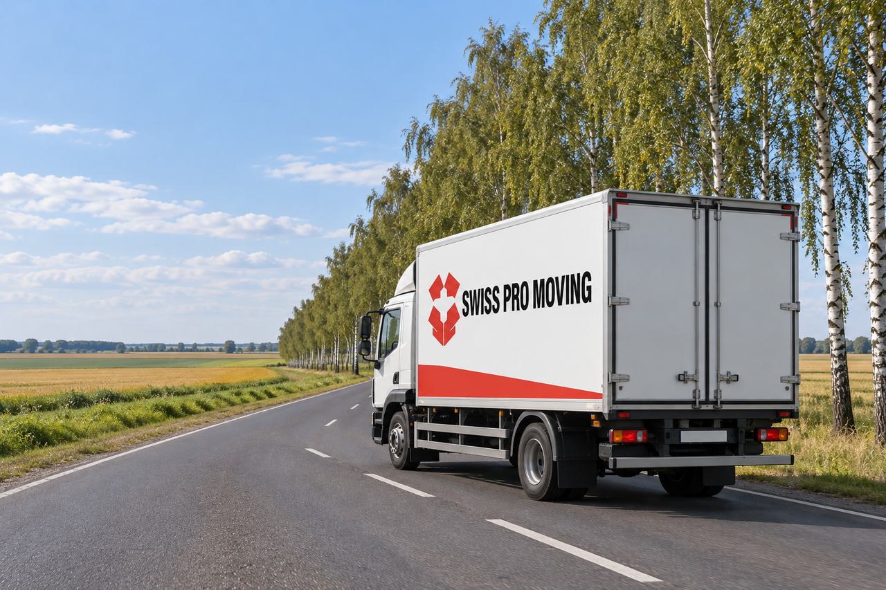 Biała ciężarówka Swiss Pro Moving z czerwonym pasem na zabudowie jedzie prostą drogą wzdłuż szpaleru brzóz, wśród pól ciągnących się aż po horyzont.