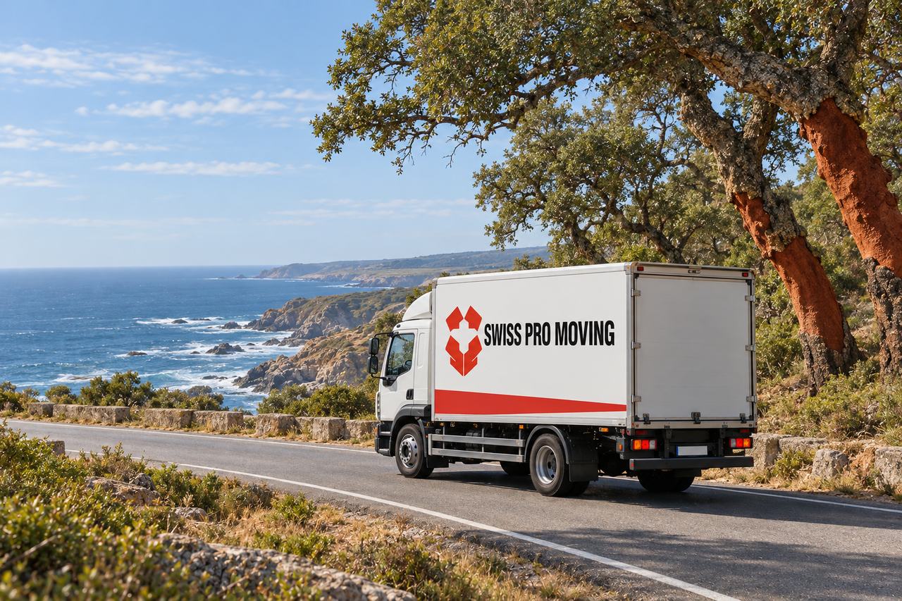 Um camião branco da Swiss Pro Moving, com uma faixa vermelha na caixa, segue por uma estrada costeira entre sobreiros de tronco descascado, com o oceano e a costa rochosa ao fundo.