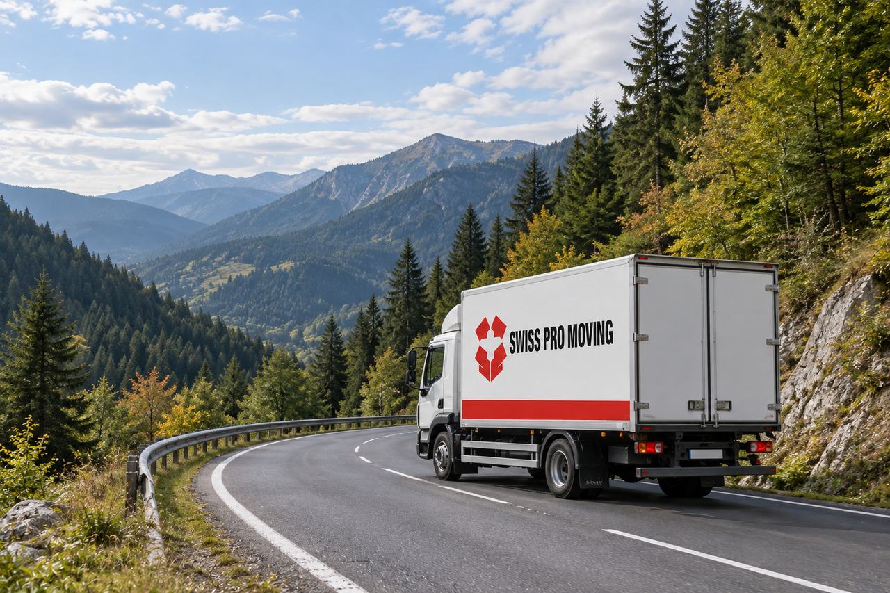 Un camion alb Swiss Pro Moving, cu o bandă roșie pe caroserie, urcă pe un drum de munte printre păduri de molid și fag, cu culmi împădurite în depărtare.