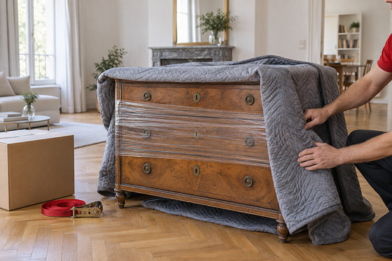 Une commode filmée et couverte d’une couverture grise, un carton et une sangle rouge à côté.