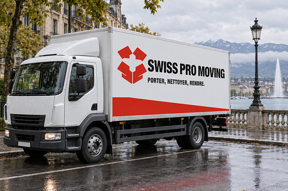 Le camion porteur Swiss Pro Moving sur un quai de Genève, le Jet d’eau derrière.