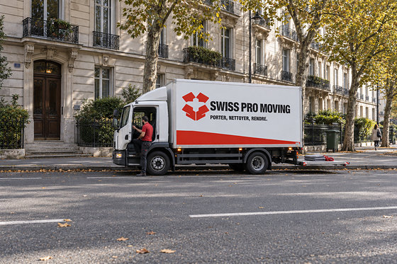 Le camion Swiss Pro Moving à l’arrêt devant un immeuble ancien, le chauffeur à la portière.