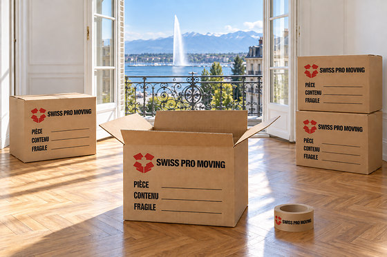 Des cartons Swiss Pro Moving étiquetés dans une pièce vide, le lac derrière la fenêtre.