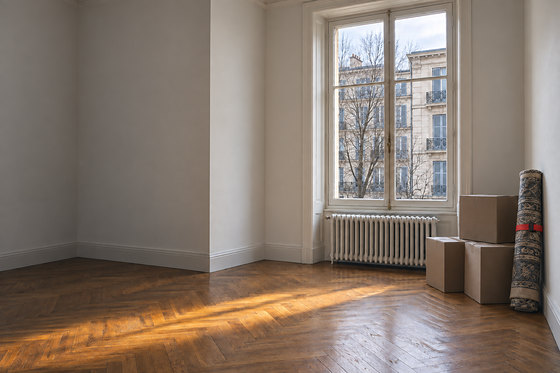 Un appartement vide et propre, parquet au soleil, quelques cartons près de la fenêtre.