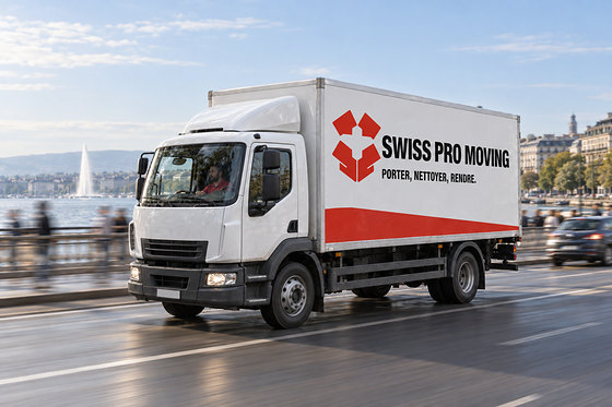 Le camion Swiss Pro Moving roule sur un quai, le lac et le Jet d’eau au fond.