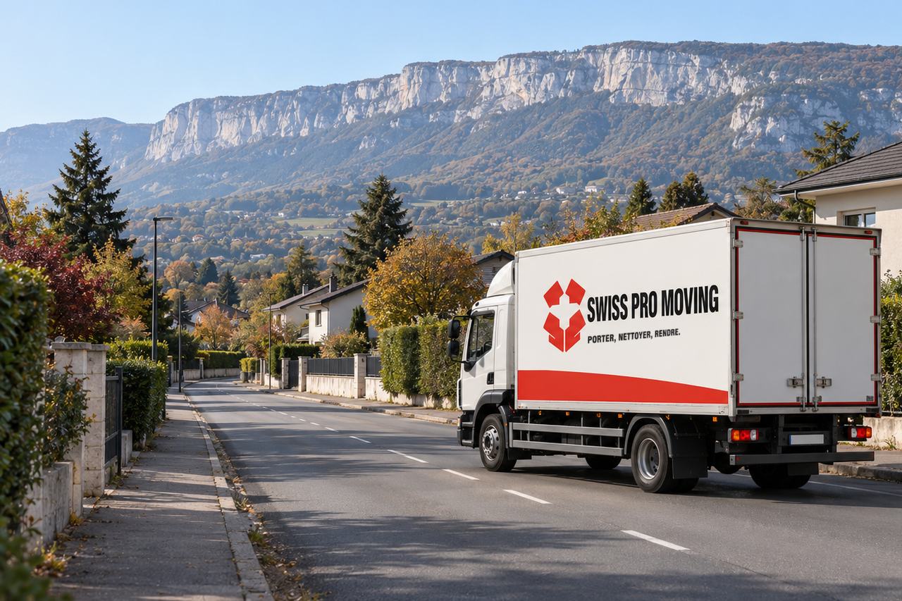 Le camion Swiss Pro Moving roule dans une rue bordée de maisons, une longue falaise calcaire au fond.