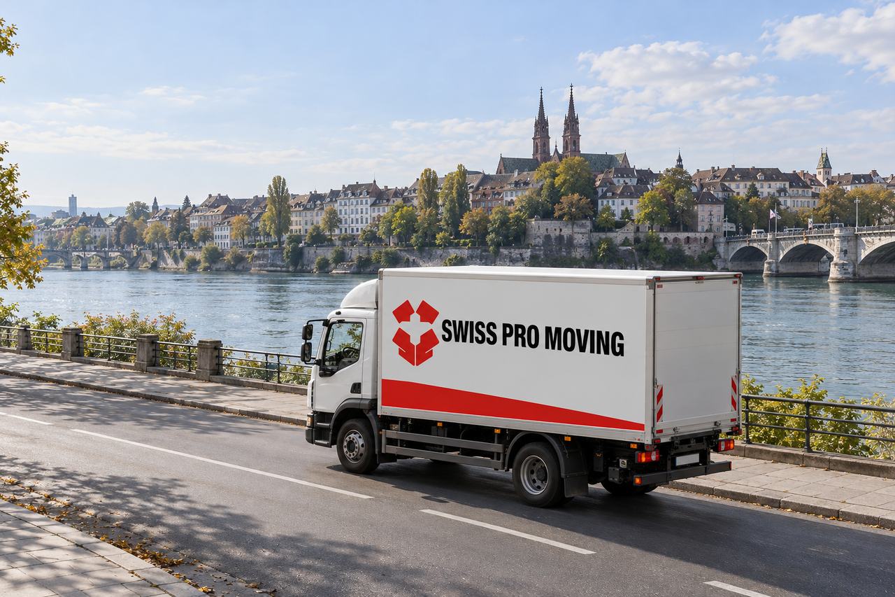 Le camion Swiss Pro Moving roule sur un quai au bord du Rhin, les façades anciennes de Bâle sur l’autre rive.