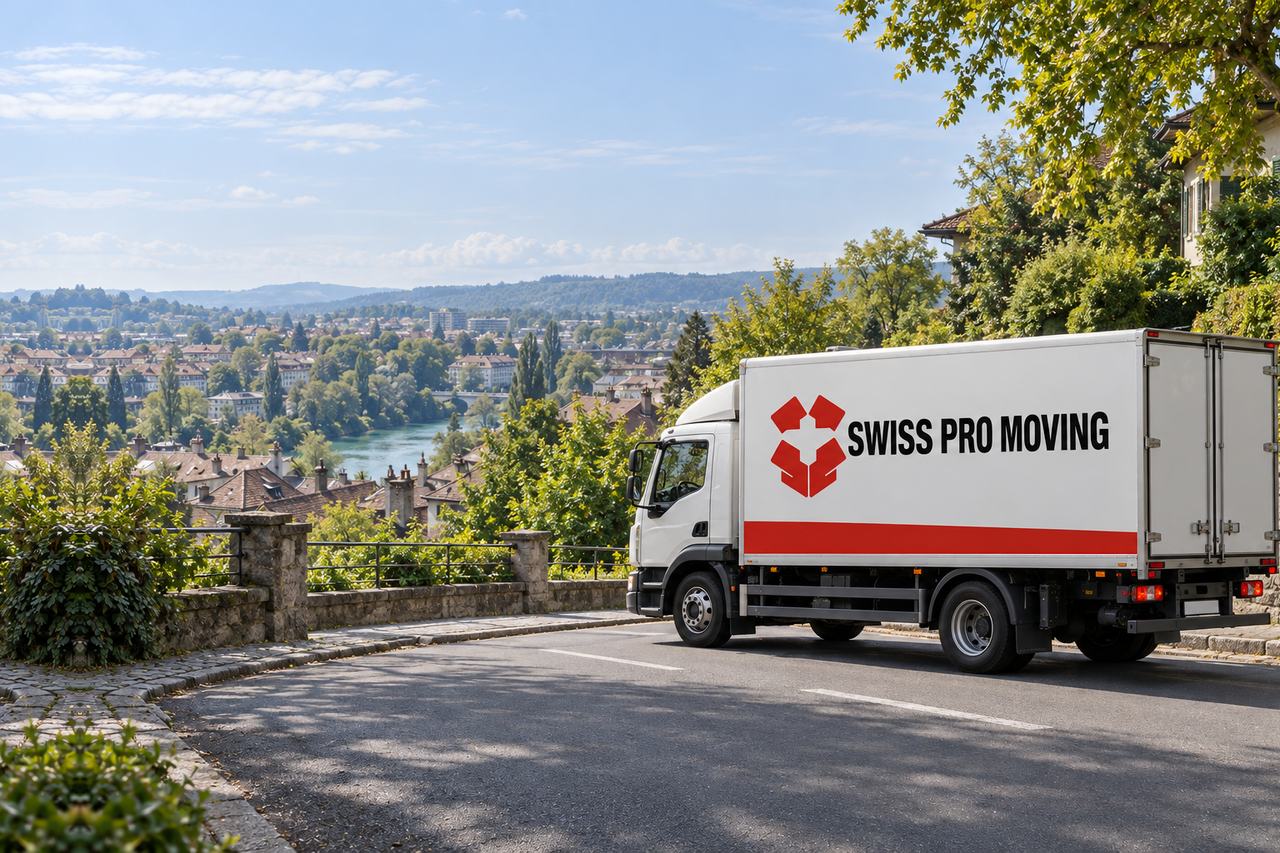Le camion Swiss Pro Moving roule sur une route bordée d’un muret de pierre, au-dessus d’une rivière et de toits de tuiles.