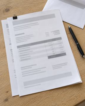 Un devis imprimé de deux pages, une enveloppe ouverte et un stylo sur une table en chêne.