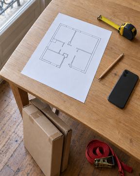 Un plan d’appartement dessiné sur une feuille, un mètre ruban, un crayon et un téléphone sur une table en bois.