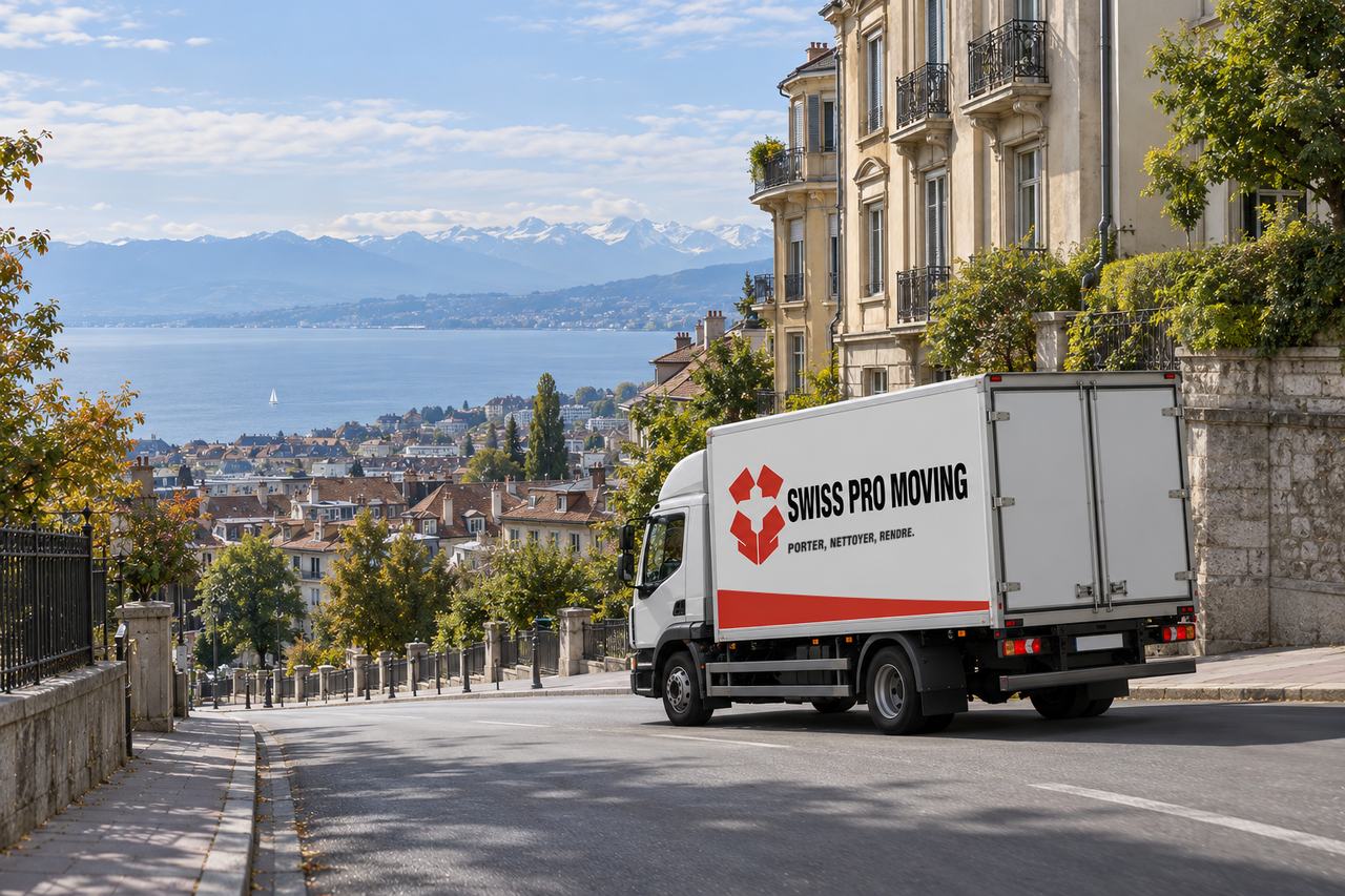 Le camion Swiss Pro Moving descend une rue en pente bordée d’immeubles anciens, le Léman et les Alpes au fond.