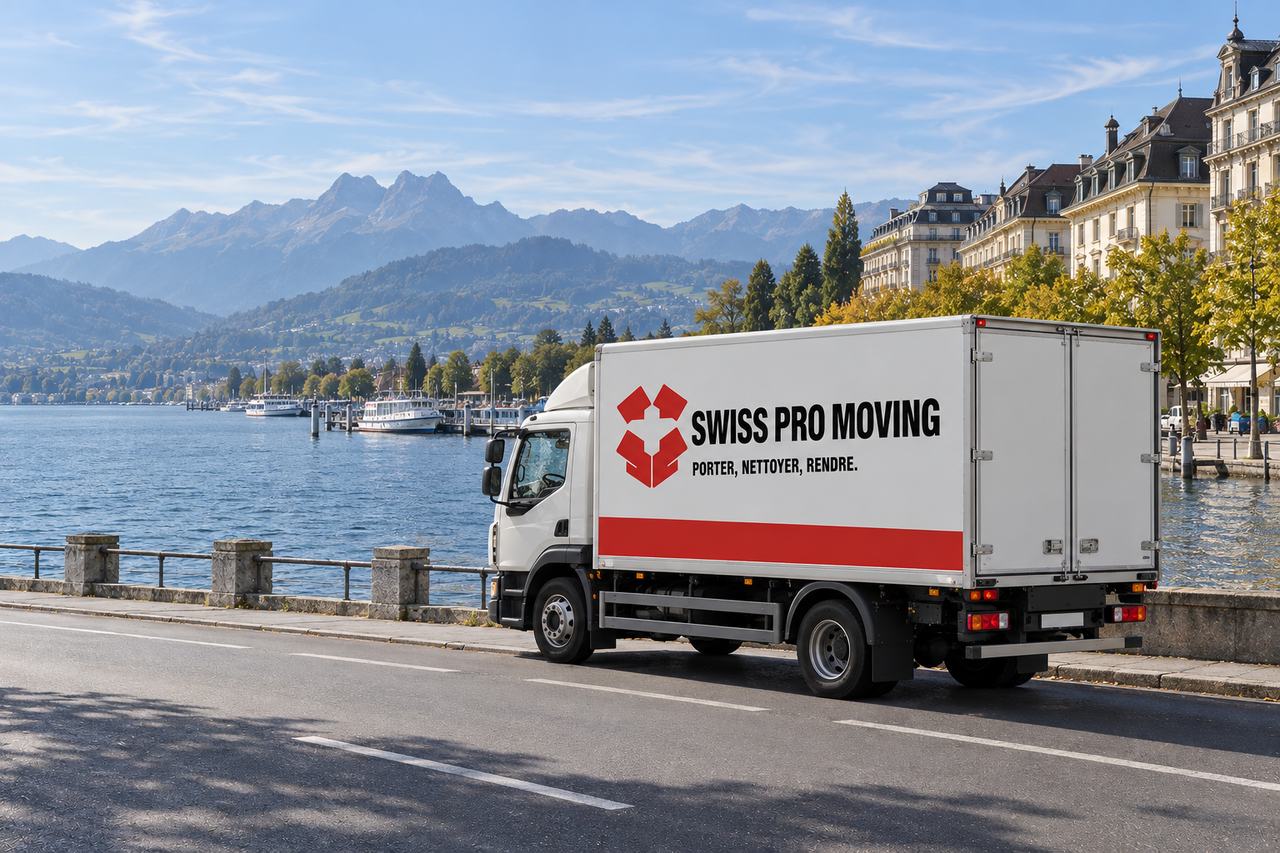 Le camion Swiss Pro Moving roule sur un quai au bord du lac des Quatre-Cantons, des immeubles anciens et les montagnes au fond.