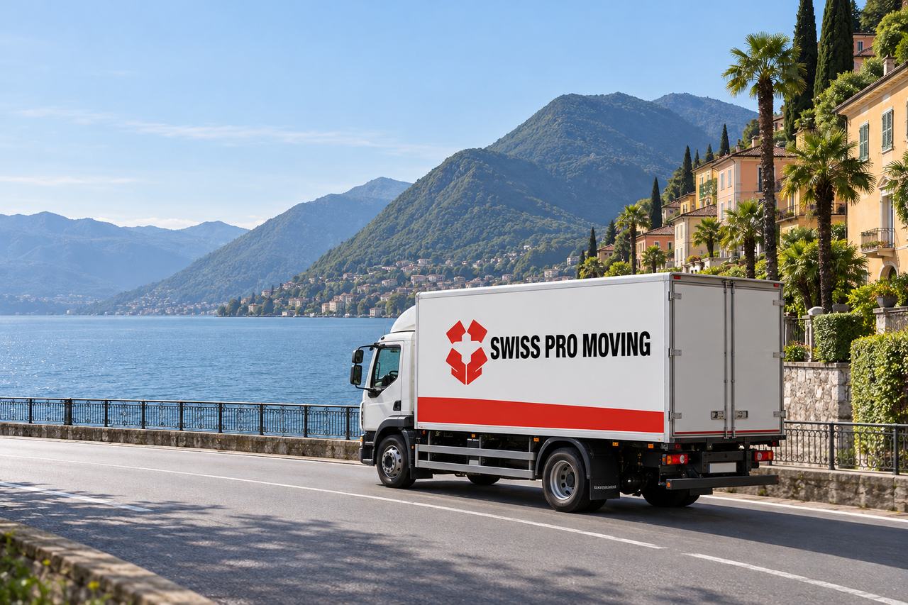 Le camion Swiss Pro Moving roule sur une route au bord d’un lac, entre palmiers et façades colorées, des montagnes boisées au fond.