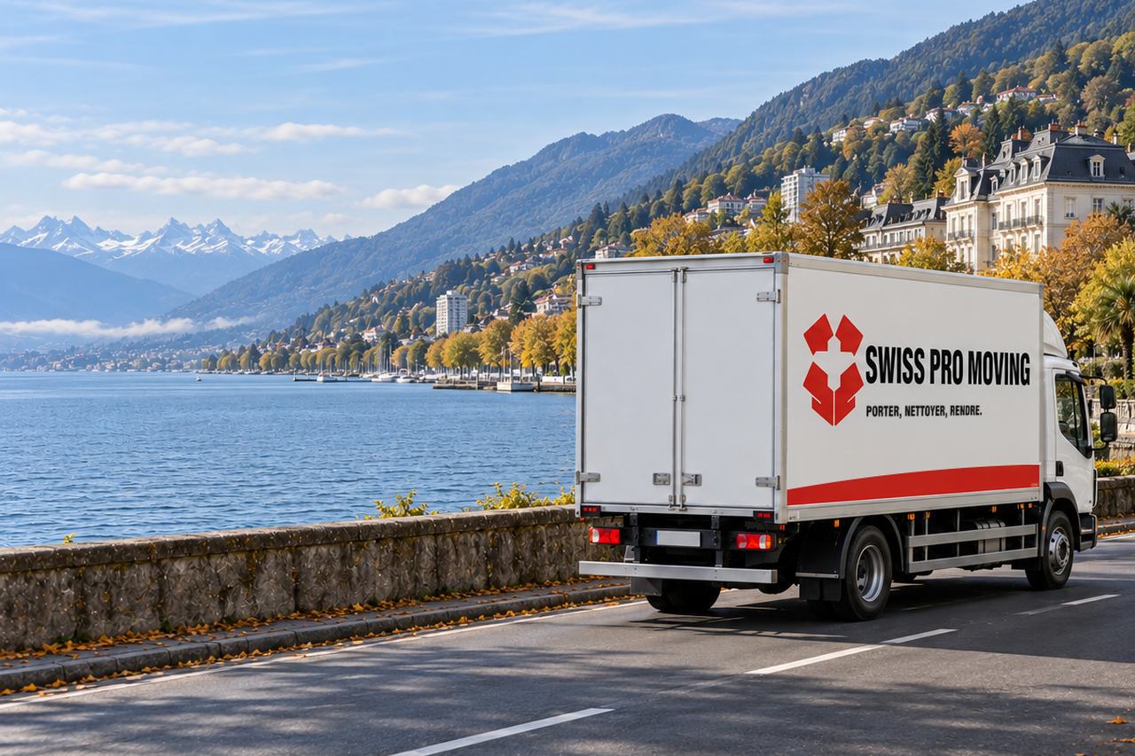 Le camion Swiss Pro Moving roule sur une route au bord du lac, sous des coteaux bâtis d’hôtels anciens, les montagnes au fond.