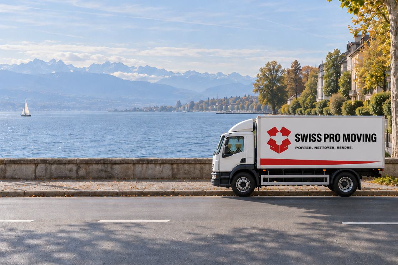 Le camion Swiss Pro Moving garé sous les platanes d’un quai, le Léman et les Alpes derrière.