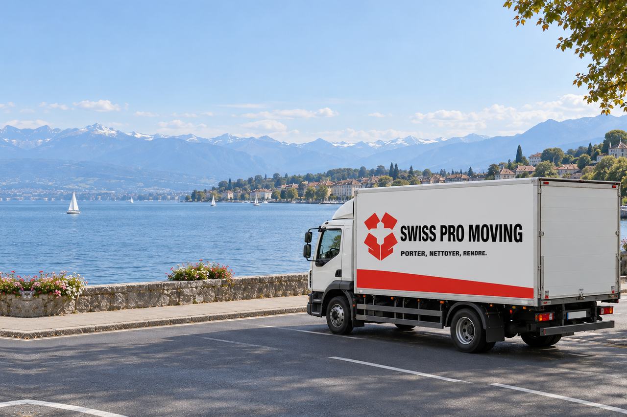Le camion Swiss Pro Moving roule sur une route au bord du Léman, les Alpes au fond.