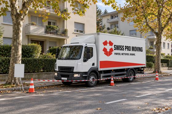 Le camion Swiss Pro Moving garé le long d’un trottoir, sa place balisée par des cônes et un ruban rouge et blanc.
