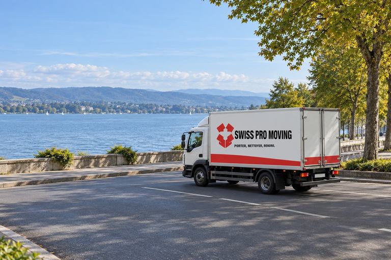 Le camion Swiss Pro Moving roule sur un quai arboré au bord du Léman.