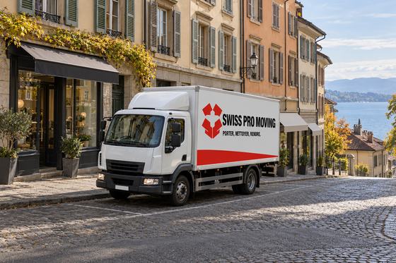 Le camion Swiss Pro Moving garé dans une rue en pente bordée d’immeubles anciens.
