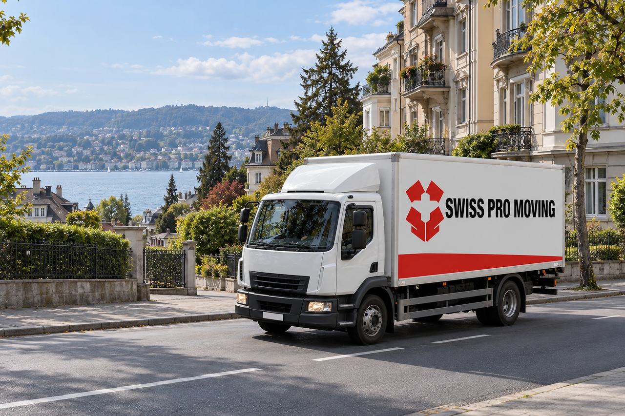 Le camion Swiss Pro Moving roule dans une rue bordée d’immeubles anciens, un lac et des collines boisées au fond.